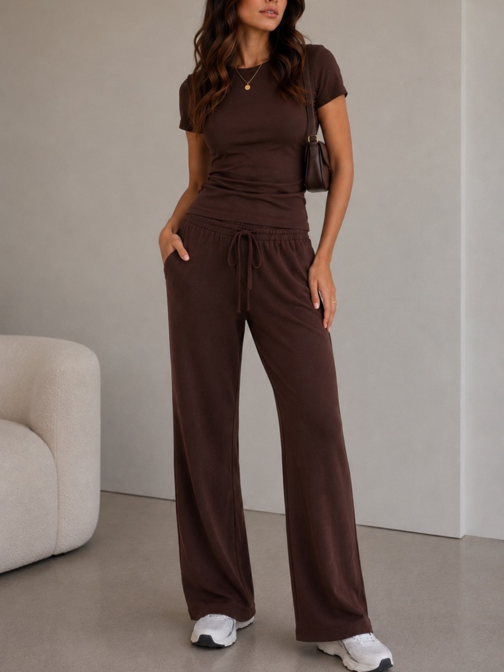 Wide-Leg Drawstring Lounge Set in Brown